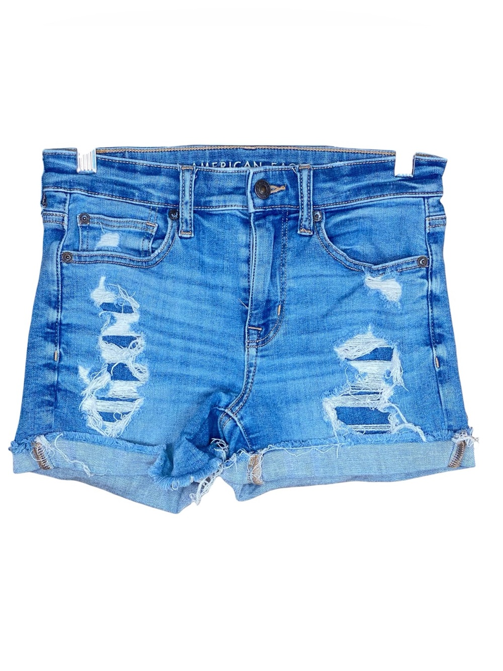 American Eagle Hi Rise Shorties Next Level Stretch Distressed DK Wash SZ 2